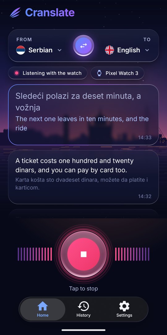 Cranslate on a phone: Serbian speech and its English translation