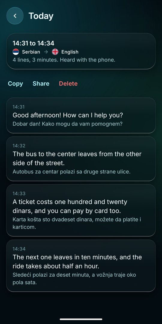 One session with each line and its translation