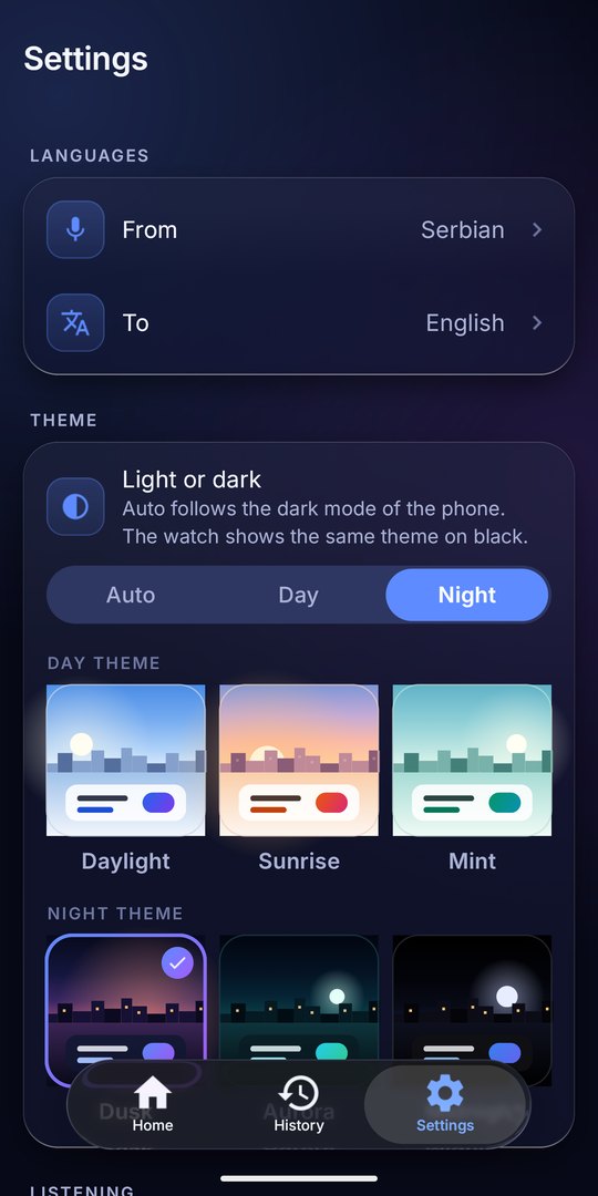 Settings with languages and themes